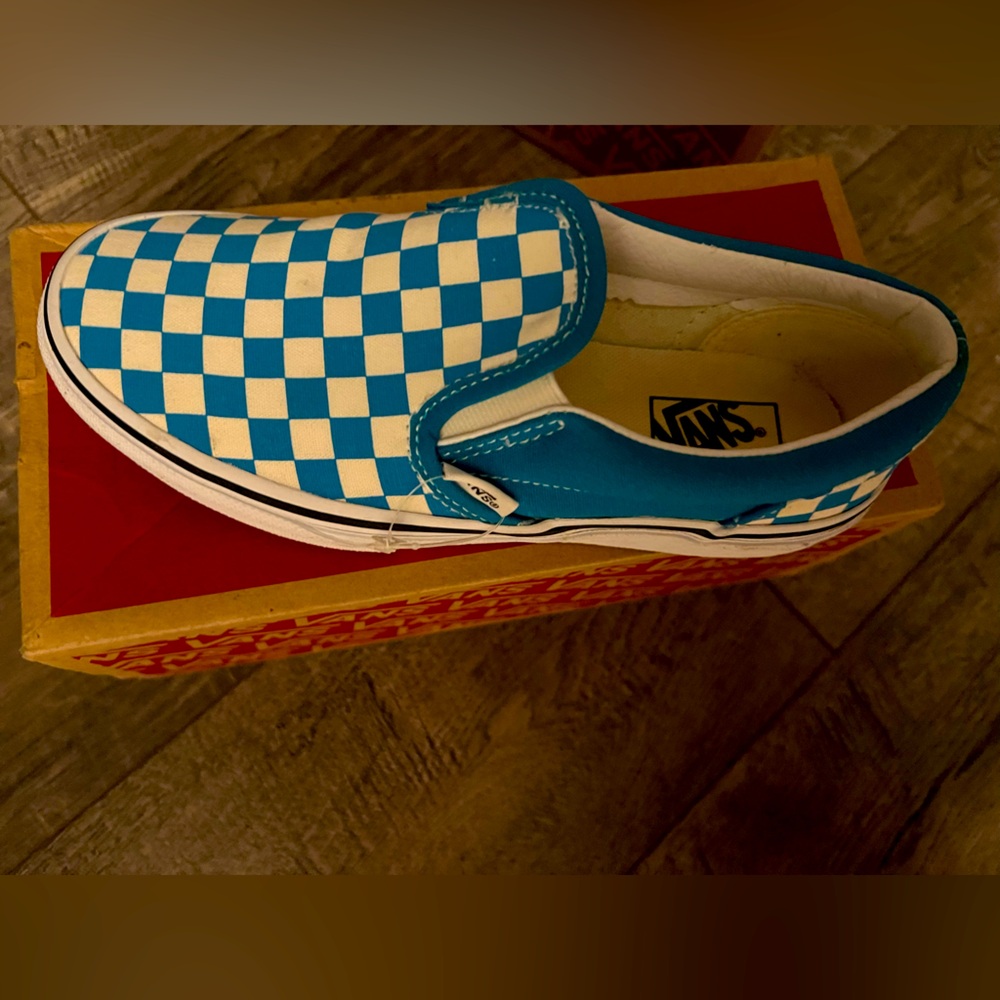 Vans Kids Blue and White Checkered Slip-On Sneakers